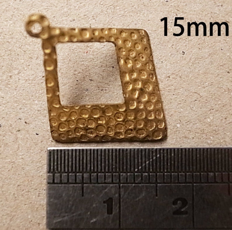 10 pieces of Vintage brass stamping die cut square drop bent pendant with cut out 15mm on side image 4