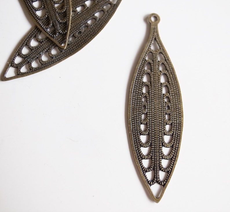 20 newly made die cut metal leaf nice long shape with rope cut out corn pattern 36x10.5mm bronze color image 2