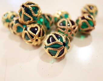 20 Vintage old stock brass filigree wrapping clear green plastic beads  12 mm with hole through