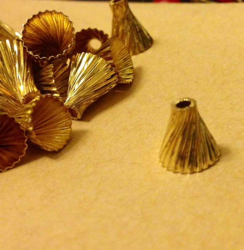 15 pieces of plated in gold tone vintage raw brass bead cap with 8mm opening 8.5 mm tall crimp fold twisted image 2