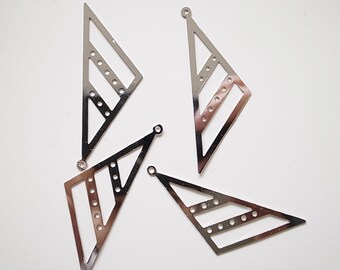 20 vintage raw brass die cut triangle stamping charm with new plating in steel color with holes and hollow design