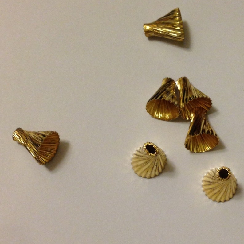 15 pieces of plated in gold tone vintage raw brass bead cap with 8mm opening 8.5 mm tall crimp fold twisted image 1