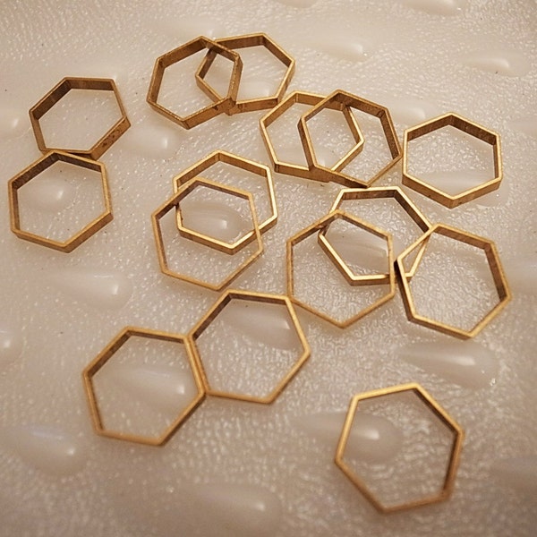 12 pieces of vintage cut raw brass tube outline charm in hexagon shape geometric art deco 15 x17.5 x 2.5mm