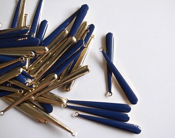 50 Vintage solid royal blue indigo epoxy poly resin on brass plated in gold color long drop 30x4mm