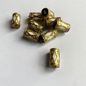 10  vintage  brass caged beads with white plastic inside diamond design cylinder connector 15 mm