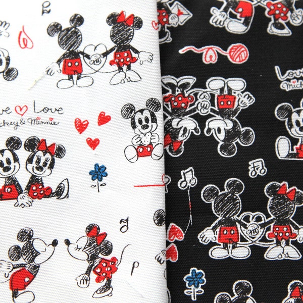 Disney Cartoon Mickey Mouse and Minnie Mouse  Print Japanese fabric black and white mix