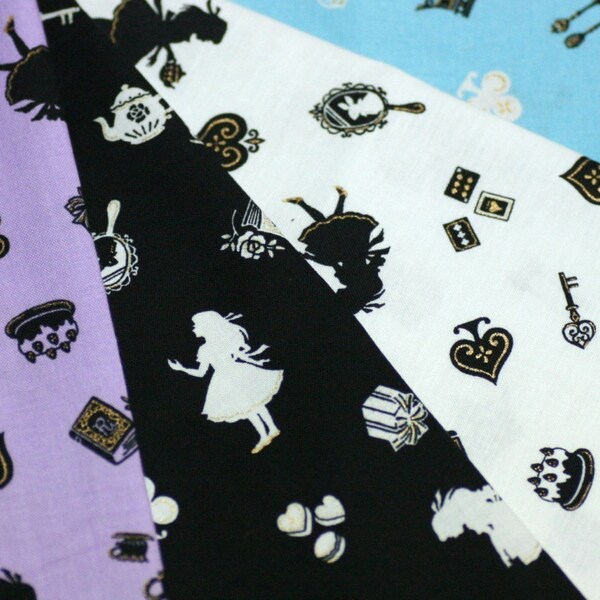 4 pcs Kawaii Alice in wonderland fabrics in 4 different background colors
