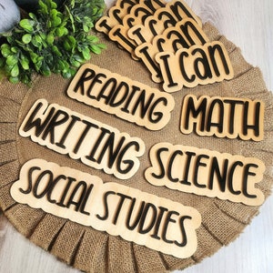 Custom Wood School Subject Magnets: Classroom Whiteboard Organization-English and Spanish