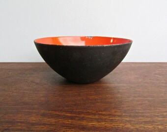 KRENIT Enamel Bowl Matt Black Red Herbert Krenchel Made in Denmark Mid-Century Vintage