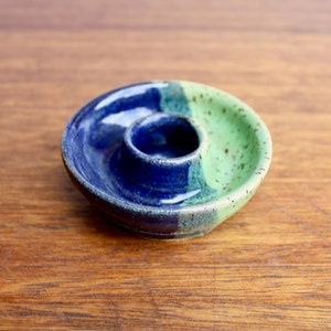 Studio Pottery Candleholder, Studio-Art Ceramic Candle-Holder - Speckled Green & Glossy Cobalt Glaze on Fine-Gray Stoneware Clay