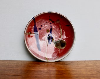 Studio Pottery 6.5" Plate in Pink & Cobalt Glazes, Mid 20th Century Studio Pottery Movement