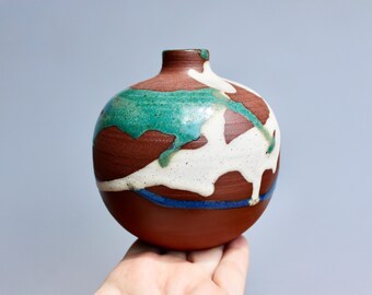Chris Thoms Large Weedpot, Thick Glaze Drawn Across Red-Clay Surface White Dripping Puddles interacting w/ Blue & Green Poured Glaze