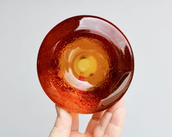 Vintage Kosta Boda Handcrafted Solid Amber-Glass Taper Candleholder, Modern Lightly Textured Solid 2lb Glass Candle Holder - Mid 1990s Era