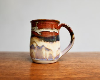 Vintage 1970s Simple Elegant Rugged Studio Mug, Muted Blue & Red Wave Marbled, Mid 20th Century Modern Stoneware