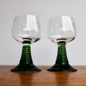 Pair of Ruwer Stemware by Schott-Zwiesel, 5.5&quot; Water Goblet, Classic West German Crystal Barware Clear Bowl w/ Monumental Green Ribbed Stem