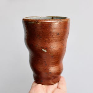 Tall Undulating Salt-Fired Slightly Iridescent Shino Glazed Tumbler w/ Large Matte Iron Flake Speckling & a Spotted Light-Grey Interior
