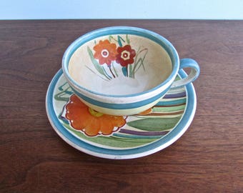 Art Nouveau 1930s Revival Low Fired Cup & Saucer Set, Curvy Blue Design w/ Orange Flowers, Signed and Dated 1937