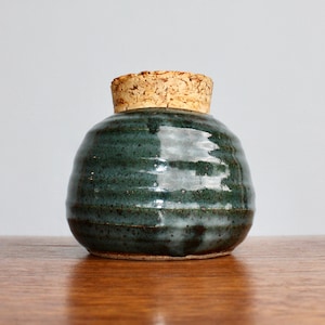 CDT Mid Century Modern-Style Studio Pottery Jar, Amazing Green Hand-built Stoneware Vessel - Beehive Form w/ Cork Lid