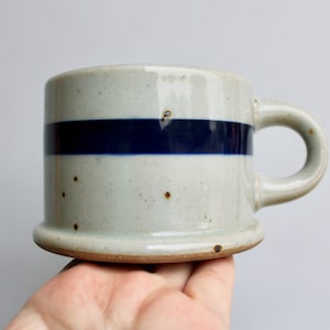 May include: A white ceramic mug with a blue stripe around the middle. The mug has a speckled glaze and a brown rim.