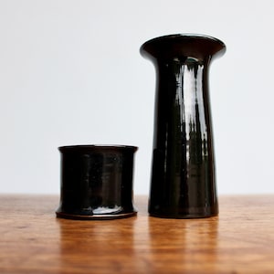 1930s Herman August Kähler Pottery - Handcrafted Studio Pottery Glossy Black w/ Brown Highlights Vase Desktop Set, Made in Denmark
