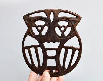 Vtg Steam Punk Copper Burnished Cast Iron 1950s Owl Trivet Show Era Japan - Decorative Functional  Bottle Opener Trivet & Hangs on the Wall