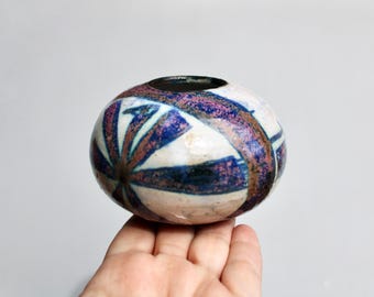 1970s Handcrafted Stoneware Bead, Crafted in Tucson AZ to weave into Macrame Studio Pottery 4" Bead, Purple & Cobalt Blue on White Glaze
