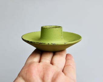 Rare Pair Laurids Lønborg Green Cast Iron Saucer Candleholders, Copenhagen Denmark 20th Century Danish Modern Industrial Bauhaus Home Decor