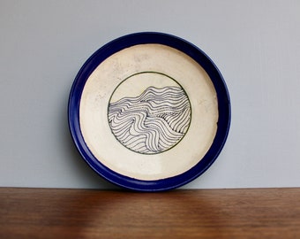 Studio Pottery Art-Plate, Mid Century Modern, Asian inspired Wave decoration, Cobalt, Cream and Yellow