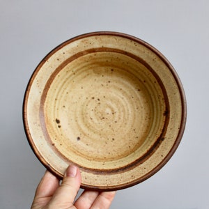 May include: A brown and beige ceramic bowl with a speckled glaze and brown stripes around the rim.