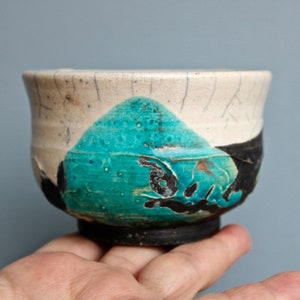 幸 Kō Sachi  Crafted Raku Chawan, Vintage Japan Studio Pottery, Turquoise w/ Matte Grey-Black on Vellum Oatmeal-White, Handcrafted Teabowl