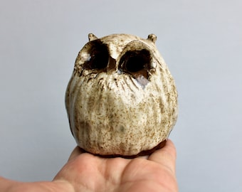 Vintage Sigrid Biow Studio Art Pottery Owl, Gothic Hand-Built & Haunting, Gorgeous Dark-Brown Stoneware w/ Houhin White Glaze, Beak Damage