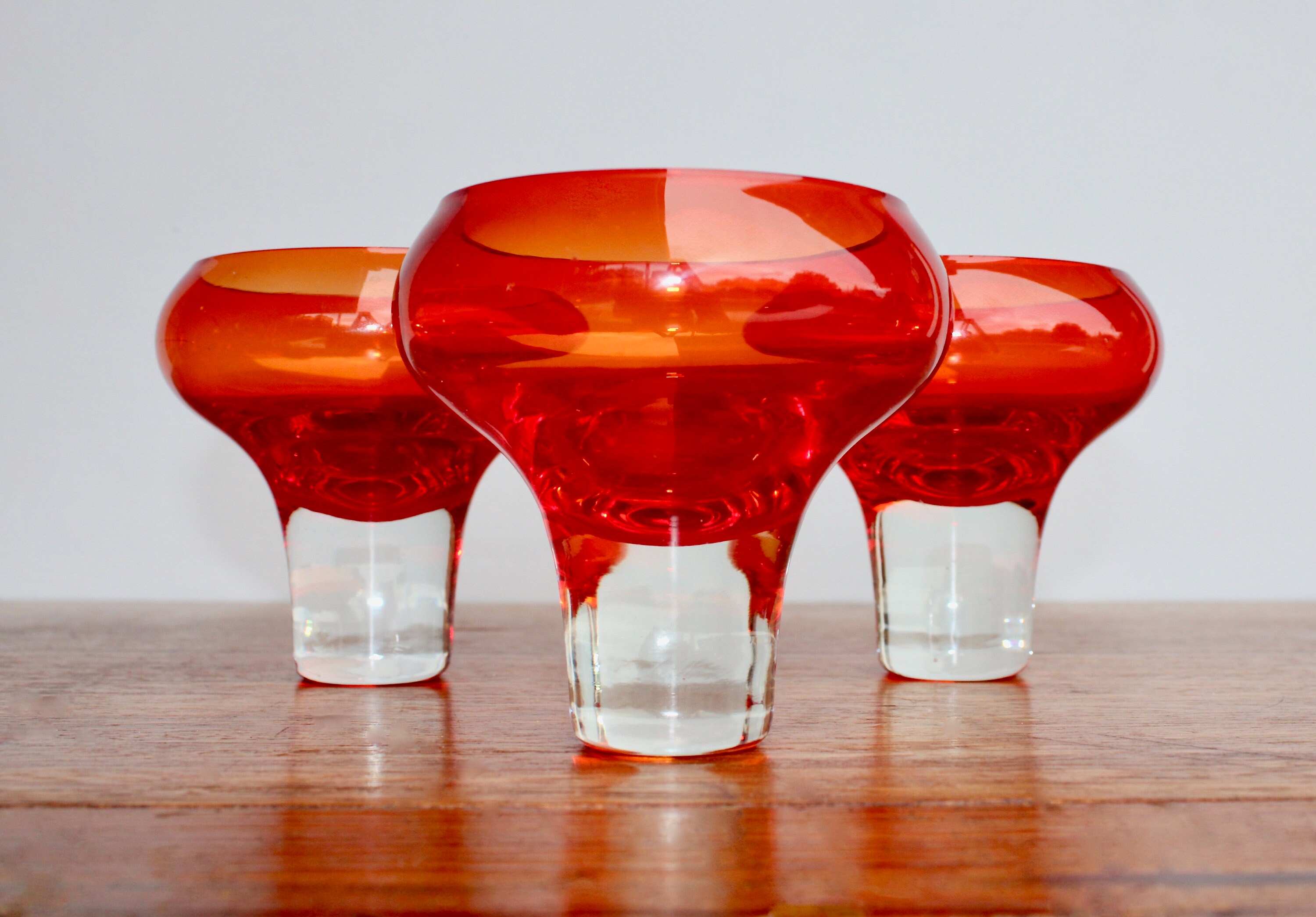 Trio of ORANGE 6.5oz Crystal Barware - Truly Modern Oblate Solid Bottom Crystal Goblets - MCM Vintage Modern Trio