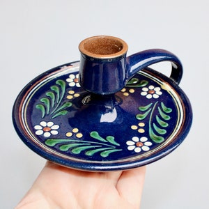 Rothenburger Keramik / K. Ehler - Handcrafted Studio Pottery Thick Glossy Blue Redware Candleholder, Made in Germany