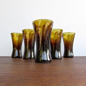 Set of 6 Honey Colored Free-Form Coffee-Brown Artist Made, Rough-Pontil Hand-Spun Vintage Handcrafted Blown Glass Mid 20th Century Barware