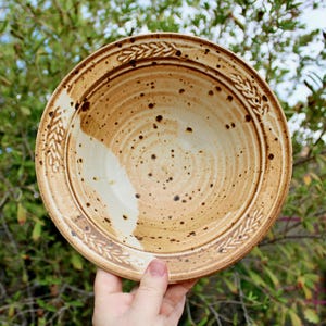 May include: A handmade ceramic plate with a wheat stalk design around the rim. The plate has a speckled, tan and cream color scheme. The plate is held in front of a blurred green background.