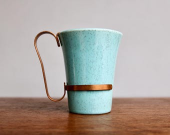 1940s Bauer La Linda Blue Mug w/ Copper Toned Metal Clip-On Handle, Ceramics of California, Bauer #700 Line Design, MCM California Pottery