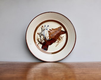 Margaret Loring 11.25" Studio Pottery Platter w/ Tenmoku & Indigo Decor, Lovely Red-Brown Verge on Flare Rim, Handcrafted Stoneware Pottery