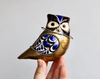 1970s Vintage Battle Owl - Metal Panels on a Ceramic Studio Pottery Figurine, Saturated Indigo on White Glaze - Vintage Pottery from Mexico