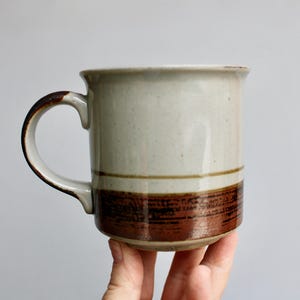 Może przedstawiać: Ceramiczny kubek z beżowym korpusem i brązowym paskiem u podstawy. Kubek ma zakrzywiony uchwyt i prosty, klasyczny design. Kubek jest trzymany przez osobę.