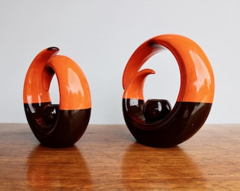 Large Mid Century Ceramic Decorative Forms Crafted in Mexico, Ultra Modern Orange & Brown Horn Shaped, Mid 20th Century Modern Ceramic Arts