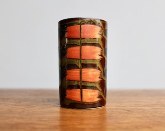 Vintage Kenzan Ceramics of Toki City Shōchū Beer Cup, 1960s Textured Embosed-Orange on Olive Green w/ Black Crafted in Gifu Prefecture Japan