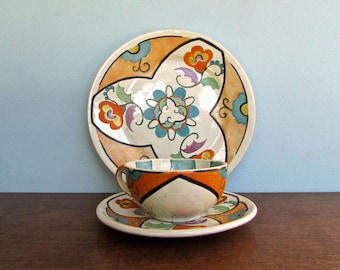 Joy Nash Ford Hand Painted Art Nouveau 1930s Revival Low Fired Luncheon Set, Curvy Design in Peach & Turquoise, Signed and Dated 1937