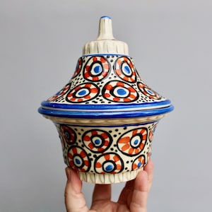 Deco Era Czechoslovakian Ditmar Urbach Lidded Bowl #10502 - Whimsical Hand Painted Folk Art Orange & Blue w/ Black Outlined Wheel Pattern