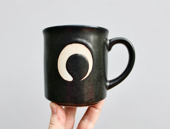 Fantastic Otagiri Mug, Thick Black Glaze w/ Green Flecks & Wax Resist Gestural Horn Shape - Japanese Tankard Style Mug, MCM Modern Design