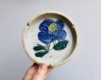 1970s Vintage COTC Korea 5" Ashtray, Huge Blue Flower Literally Coming at You, Classic Usable Modern Pottery Crafted in 20th Century Korea