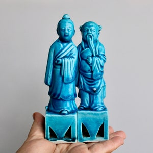 Pair of 暗八仙 Vtg Republic Era Chinese Immortals Figures - Saturated Turquoise Glazed Porcelain Figures - Crafted in China Early 20th Century
