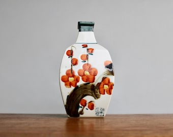Vintage 1970s Huashan-ware Vase, Orange Plum Blossom w/ Teal Detail 7.5" Faceted Vase or Large Tokkuri,  Modern Napcoware Midcentury Japan