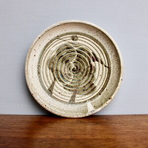 May include: A white ceramic plate with a brown and green spiral design. The plate has a speckled glaze and a slightly raised rim.
