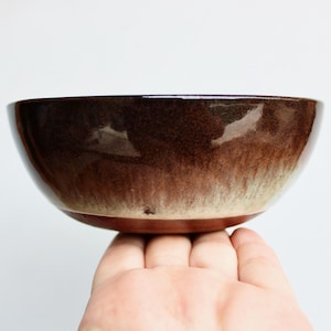 May include: A brown and white ceramic bowl with a glazed finish. The bowl is round and has a slight lip.