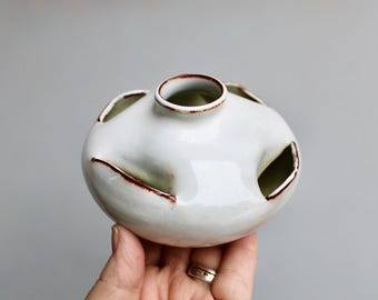 Gorgeous Vintage Lotus Flower Frog or Weird Candleholder Form, Handcrafted, Studio Pottery Bohemian, Opaque White Glaze over Dark Dark Clay